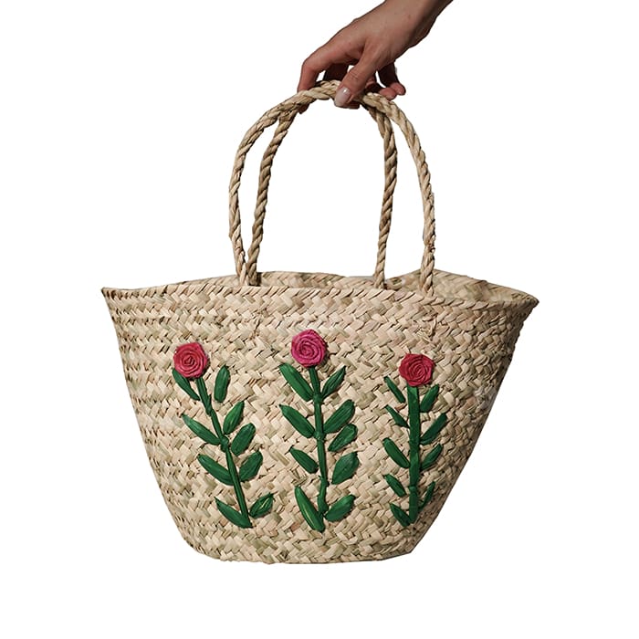 زنبیل حصیری گلدار ساده